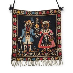 Vintage Bavarian Tapestry Crossbody Bag with Fringe Black Multicolor